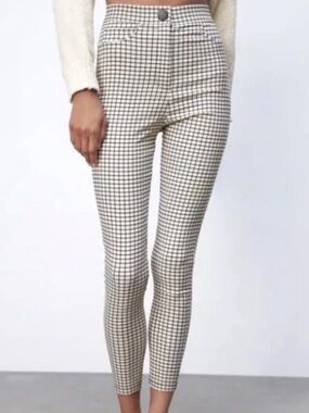 ZARA Cream & Black Checkered Slim Pants M Stretch High Rise EUC women formal